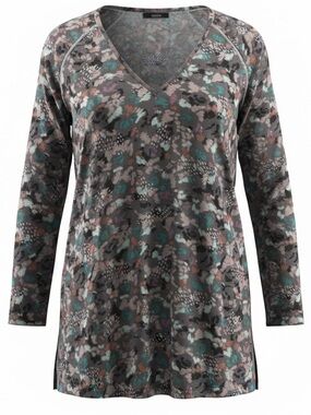 Prana Gray Floral V-Neck Long Sleeve Sleep Shirt with Teal and Pink Accents